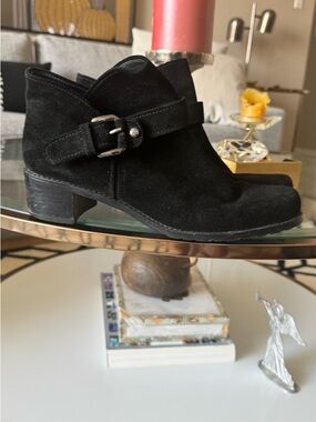 Stuart Weitzman Black Suede Ankle Booties with Buckle